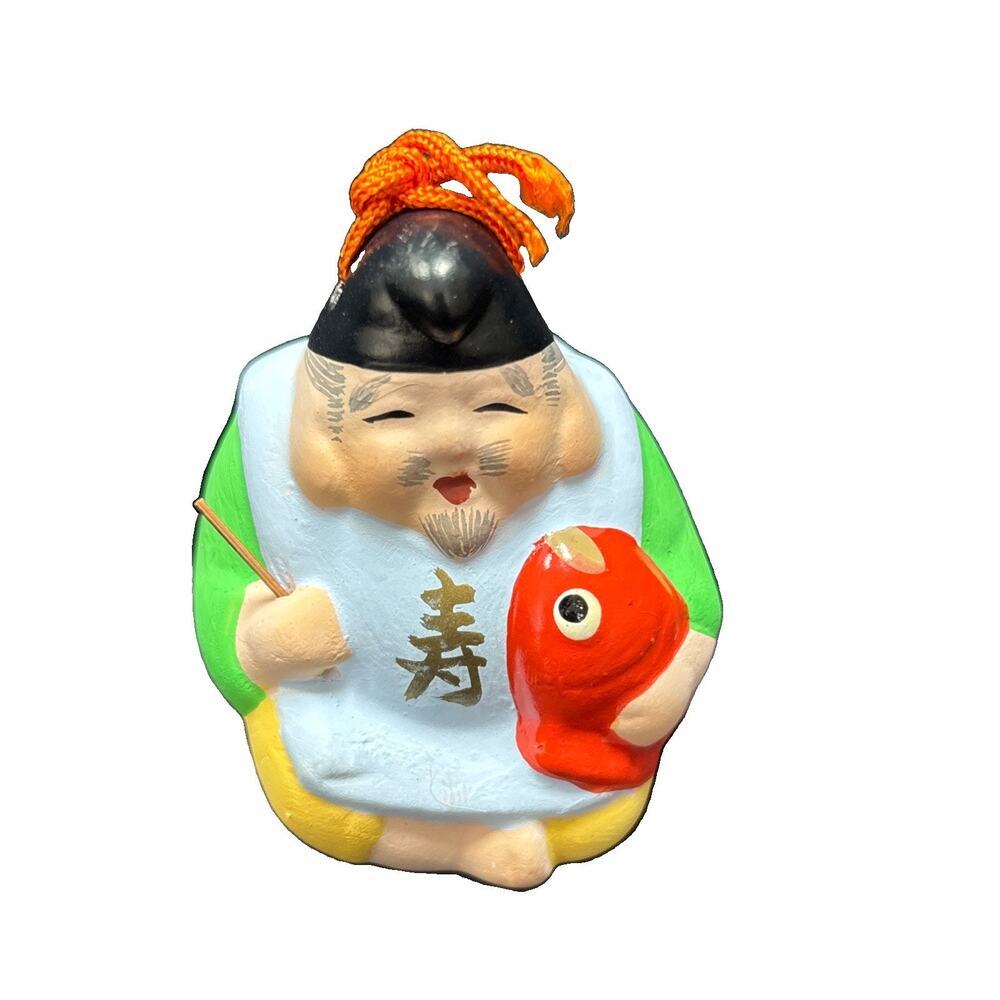 Japan Ebisu Seven Lucky Gods clay Dorei Bell Japanese Folk Art Luck Charm 2.5”
